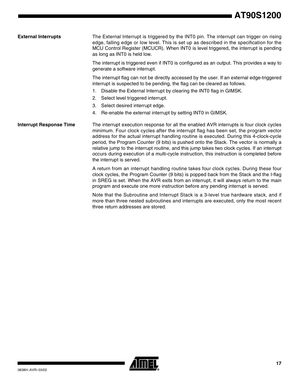 External interrupts, Interrupt response time | Rainbow Electronics AT90S1200 User Manual | Page 17 / 71