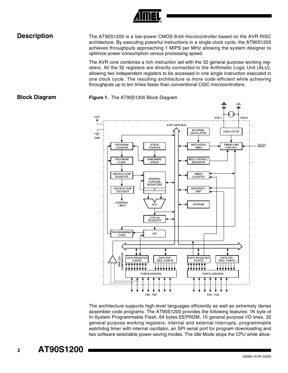 Description, Block diagram | Rainbow Electronics AT90S1200 User Manual | Page 2 / 71