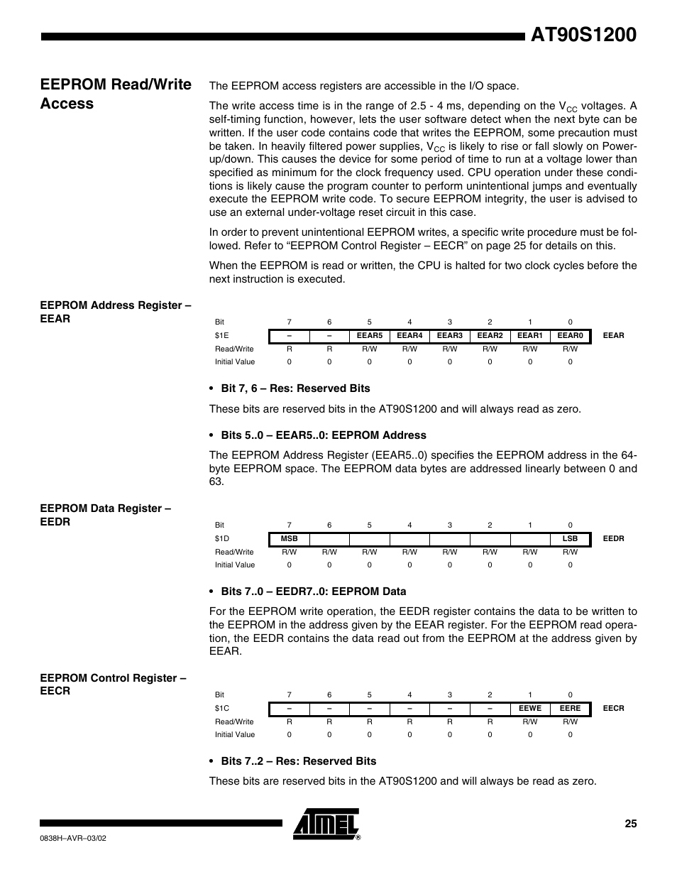 Eeprom read/write access, Eeprom address register – eear, Eeprom data register – eedr | Eeprom control register – eecr | Rainbow Electronics AT90S1200 User Manual | Page 25 / 71