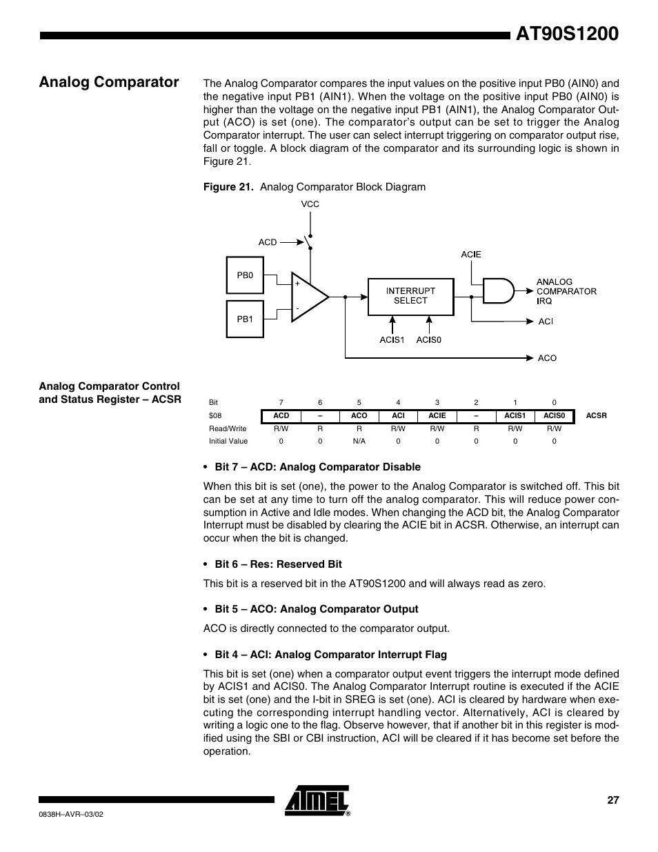 Analog comparator | Rainbow Electronics AT90S1200 User Manual | Page 27 / 71