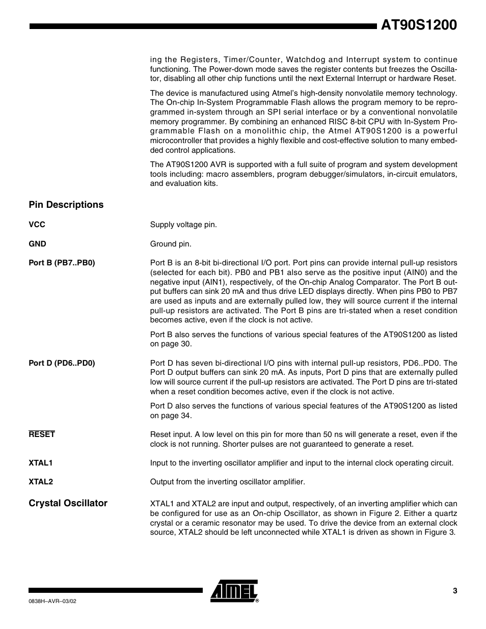 Pin descriptions, Port b (pb7..pb0), Port d (pd6..pd0) | Reset, Xtal1, Xtal2, Crystal oscillator | Rainbow Electronics AT90S1200 User Manual | Page 3 / 71