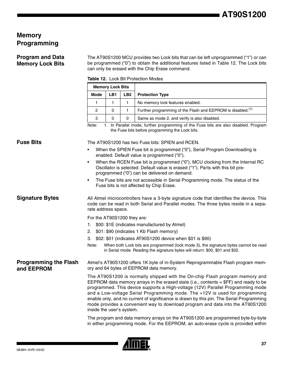 Memory programming, Program and data memory lock bits, Fuse bits | Signature bytes, Programming the flash and eeprom | Rainbow Electronics AT90S1200 User Manual | Page 37 / 71