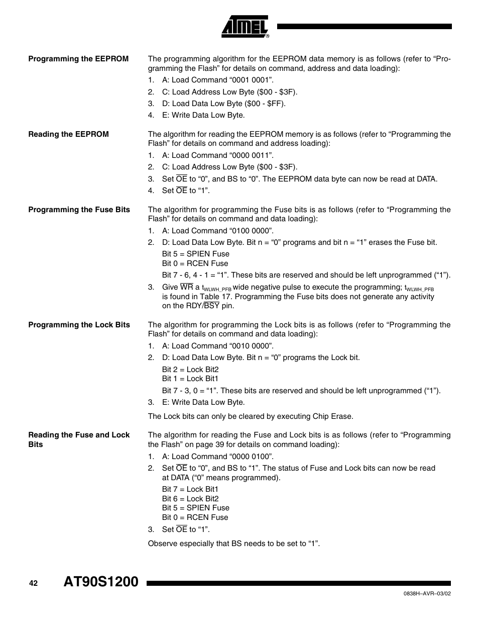 Programming the eeprom, Reading the eeprom, Programming the fuse bits | Programming the lock bits, Reading the fuse and lock bits | Rainbow Electronics AT90S1200 User Manual | Page 42 / 71