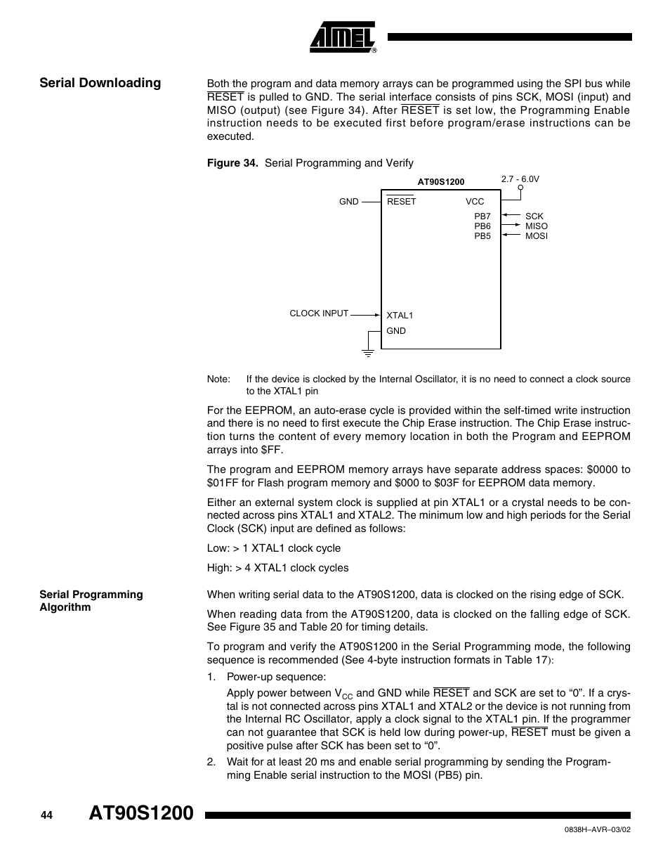 Serial downloading, Serial programming algorithm | Rainbow Electronics AT90S1200 User Manual | Page 44 / 71