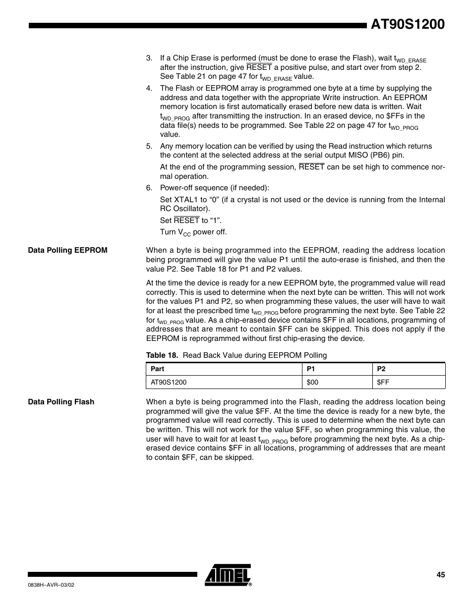 Data polling eeprom, Data polling flash | Rainbow Electronics AT90S1200 User Manual | Page 45 / 71