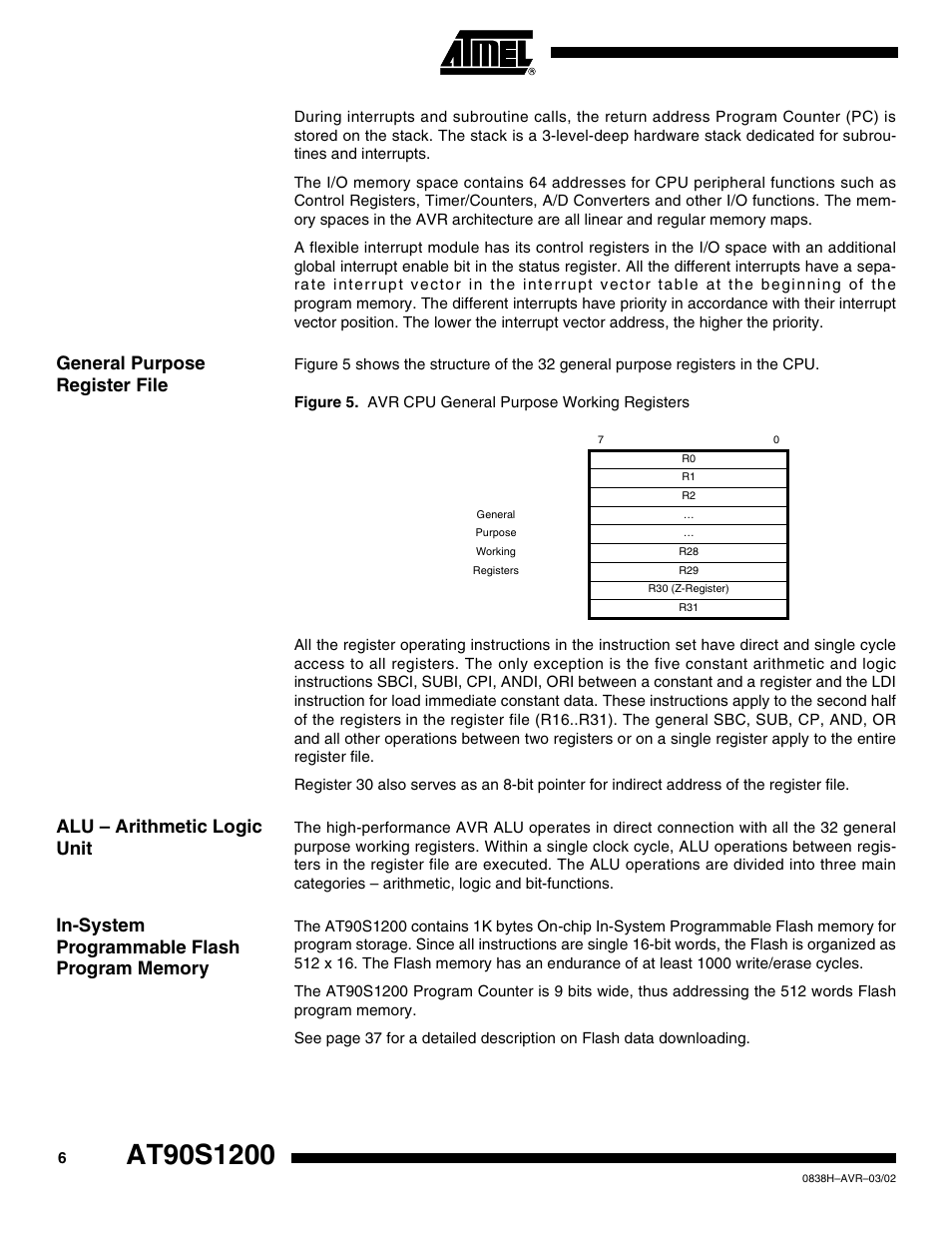 General purpose register file, Alu – arithmetic logic unit, In-system programmable flash program memory | Rainbow Electronics AT90S1200 User Manual | Page 6 / 71