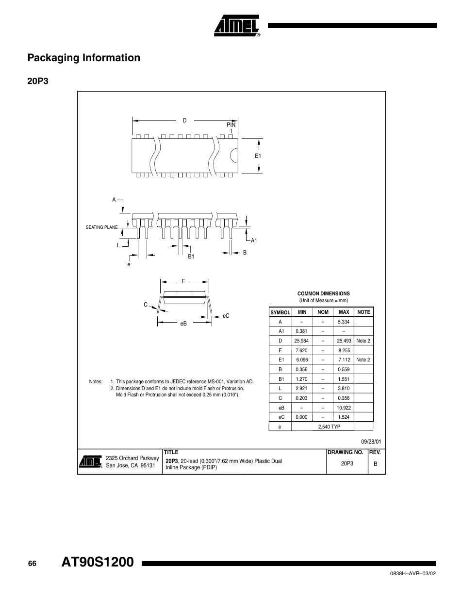 Packaging information, 20p3 | Rainbow Electronics AT90S1200 User Manual | Page 66 / 71
