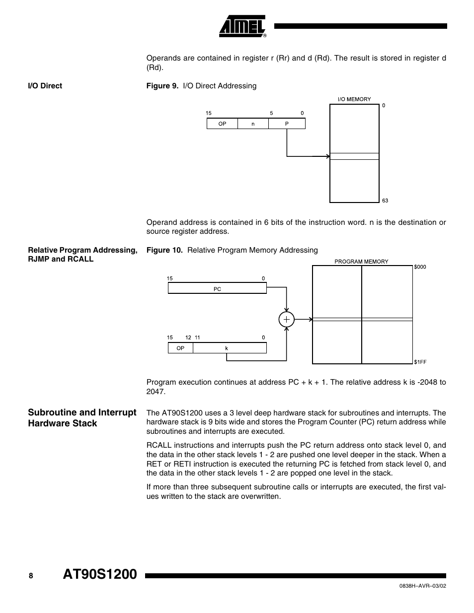 I/o direct, Relative program addressing, rjmp and rcall, Subroutine and interrupt hardware stack | Rainbow Electronics AT90S1200 User Manual | Page 8 / 71