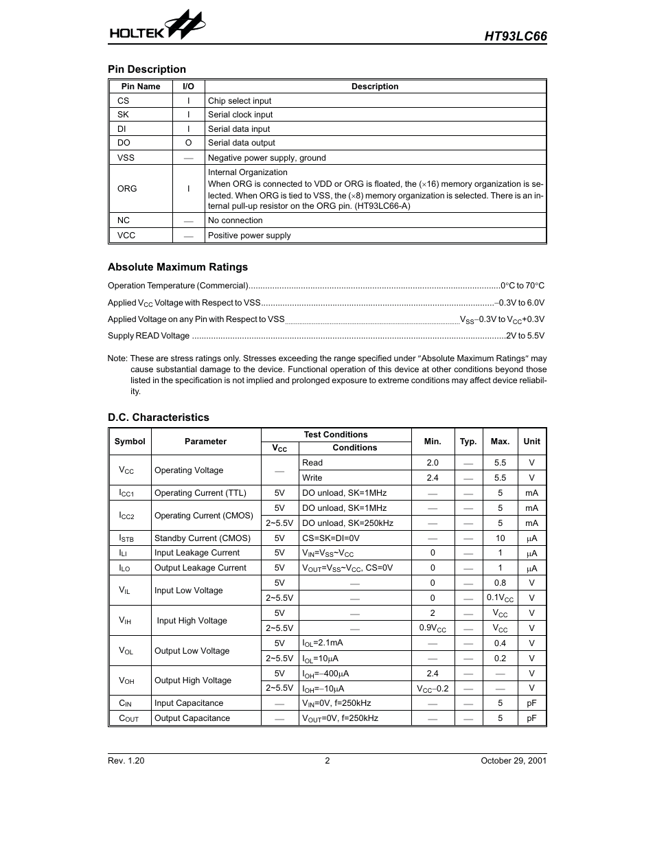 Pin description, Absolute maximum ratings, D.c. characteristics | Ht93lc66 | Rainbow Electronics HT93LC66 User Manual | Page 2 / 7