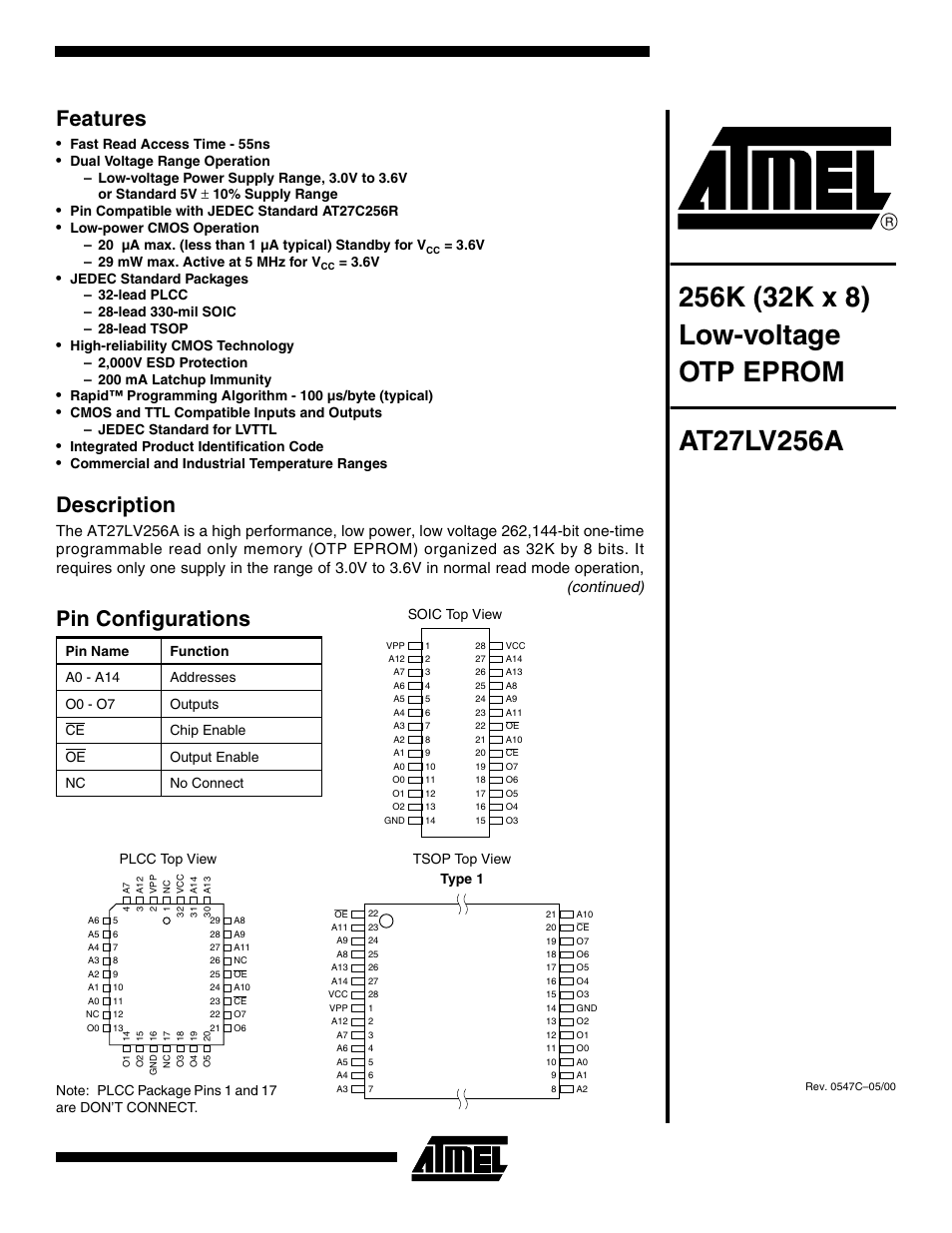 Rainbow Electronics AT27LV256A User Manual | 12 pages