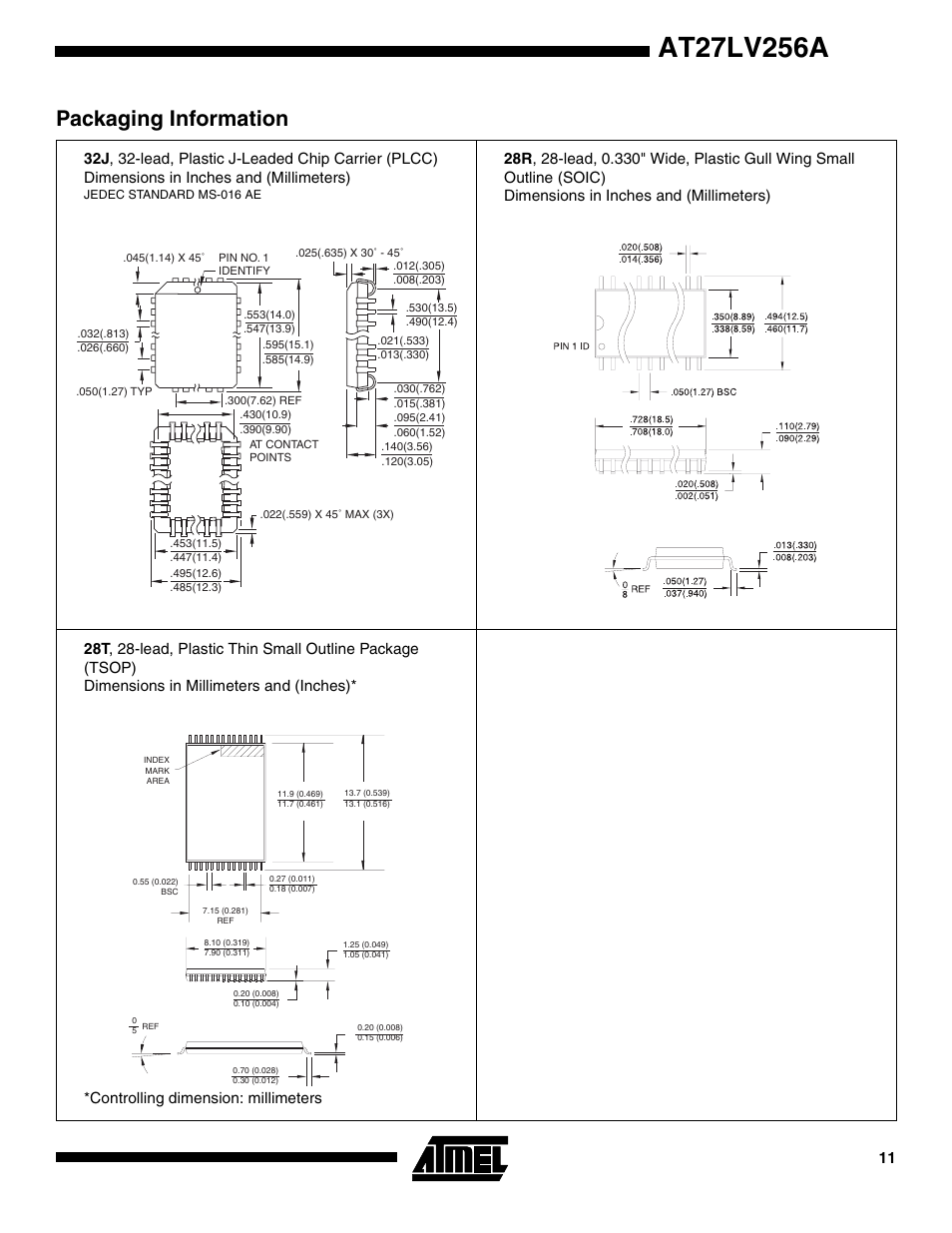 Packaging information, Controlling dimension: millimeters | Rainbow Electronics AT27LV256A User Manual | Page 11 / 12