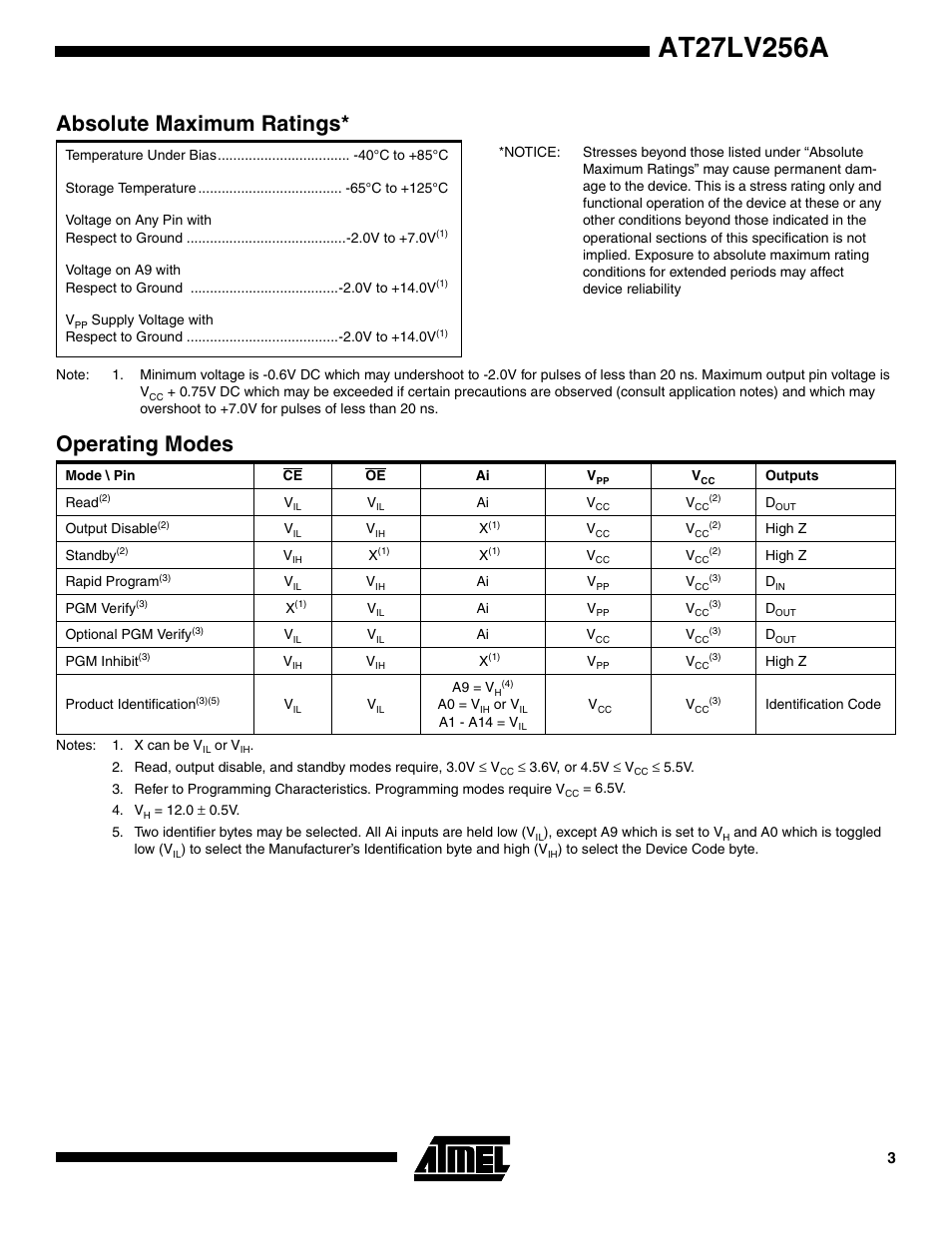 Absolute maximum ratings, Operating modes | Rainbow Electronics AT27LV256A User Manual | Page 3 / 12