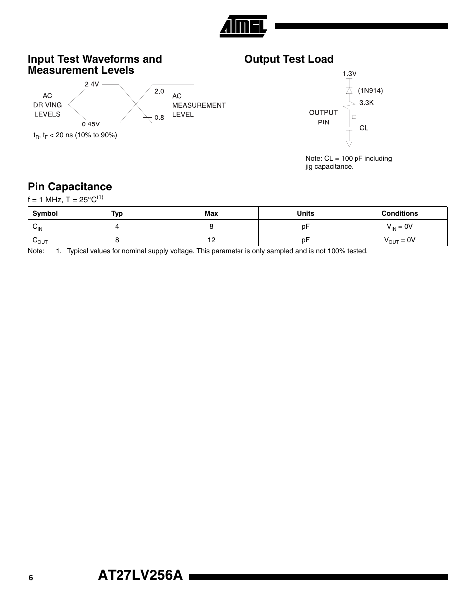 Input test waveforms and measurement levels, Output test load, Pin capacitance | Rainbow Electronics AT27LV256A User Manual | Page 6 / 12