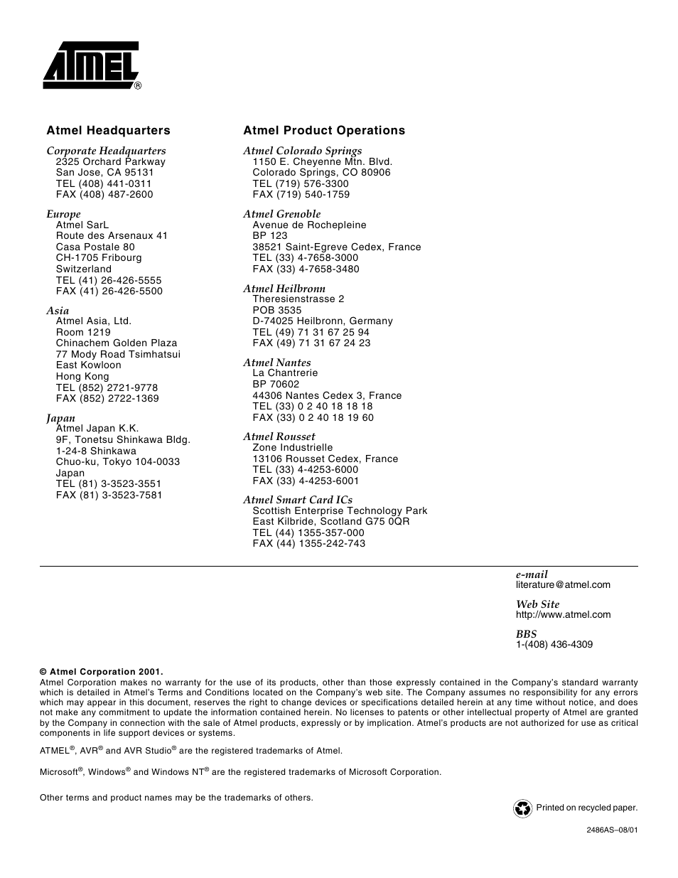 Atmel headquarters atmel product operations | Rainbow Electronics ATmega8L User Manual | Page 15 / 15