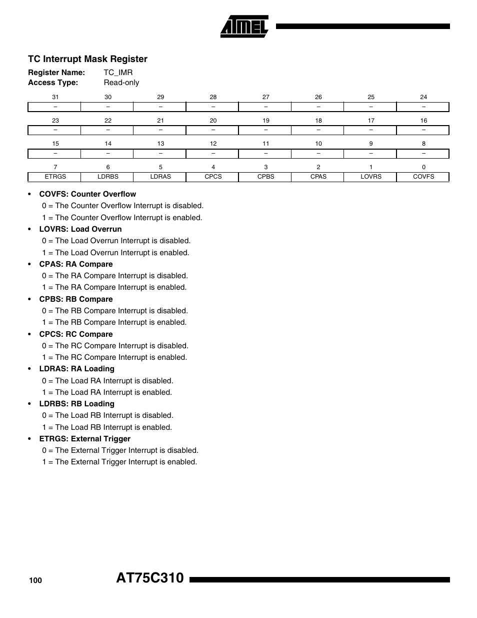 Tc interrupt mask register | Rainbow Electronics AT75C310 User Manual | Page 100 / 132