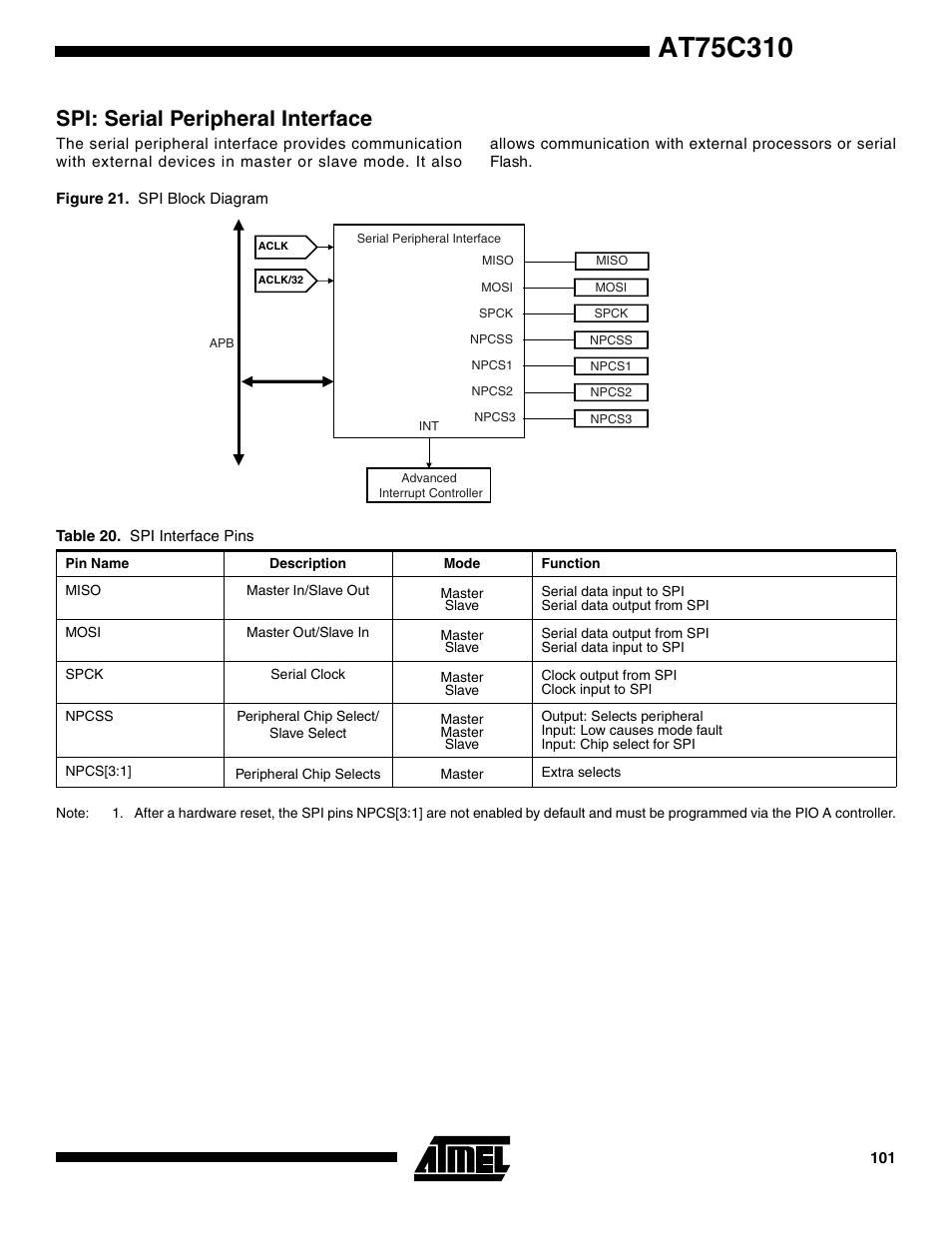 Spi: serial peripheral interface | Rainbow Electronics AT75C310 User Manual | Page 101 / 132