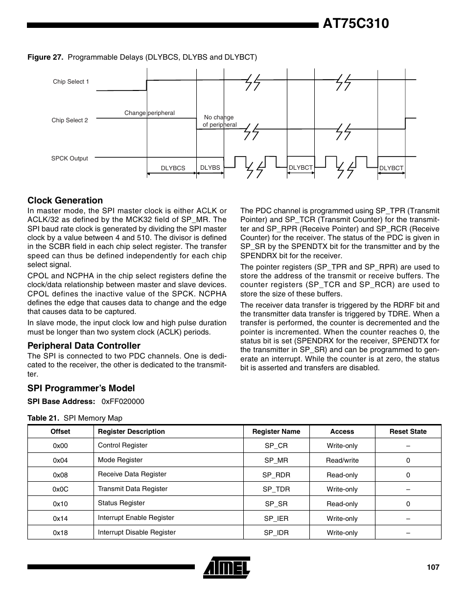 Clock generation, Peripheral data controller, E 21 | Spi programmer’s model | Rainbow Electronics AT75C310 User Manual | Page 107 / 132