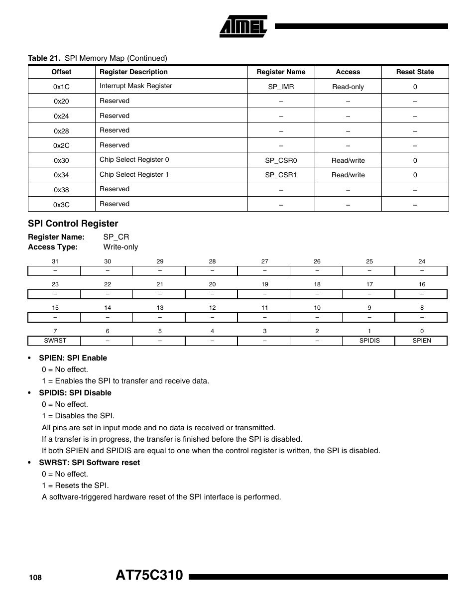 Spi control register | Rainbow Electronics AT75C310 User Manual | Page 108 / 132