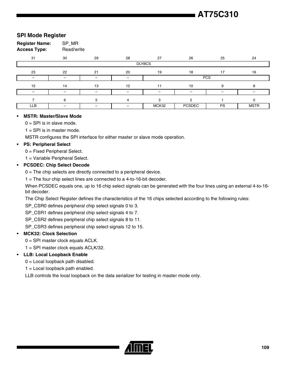 Spi mode register | Rainbow Electronics AT75C310 User Manual | Page 109 / 132