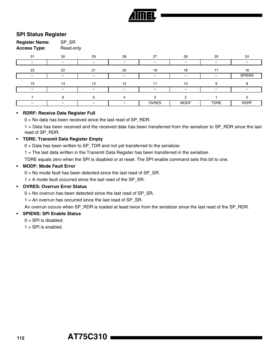 Spi status register | Rainbow Electronics AT75C310 User Manual | Page 112 / 132