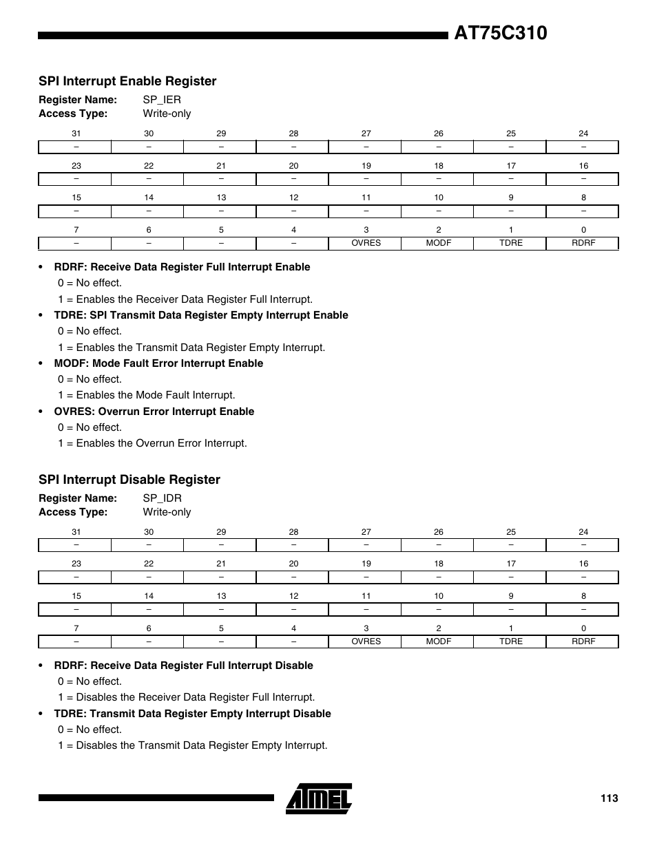 Spi interrupt enable register, Spi interrupt disable register | Rainbow Electronics AT75C310 User Manual | Page 113 / 132