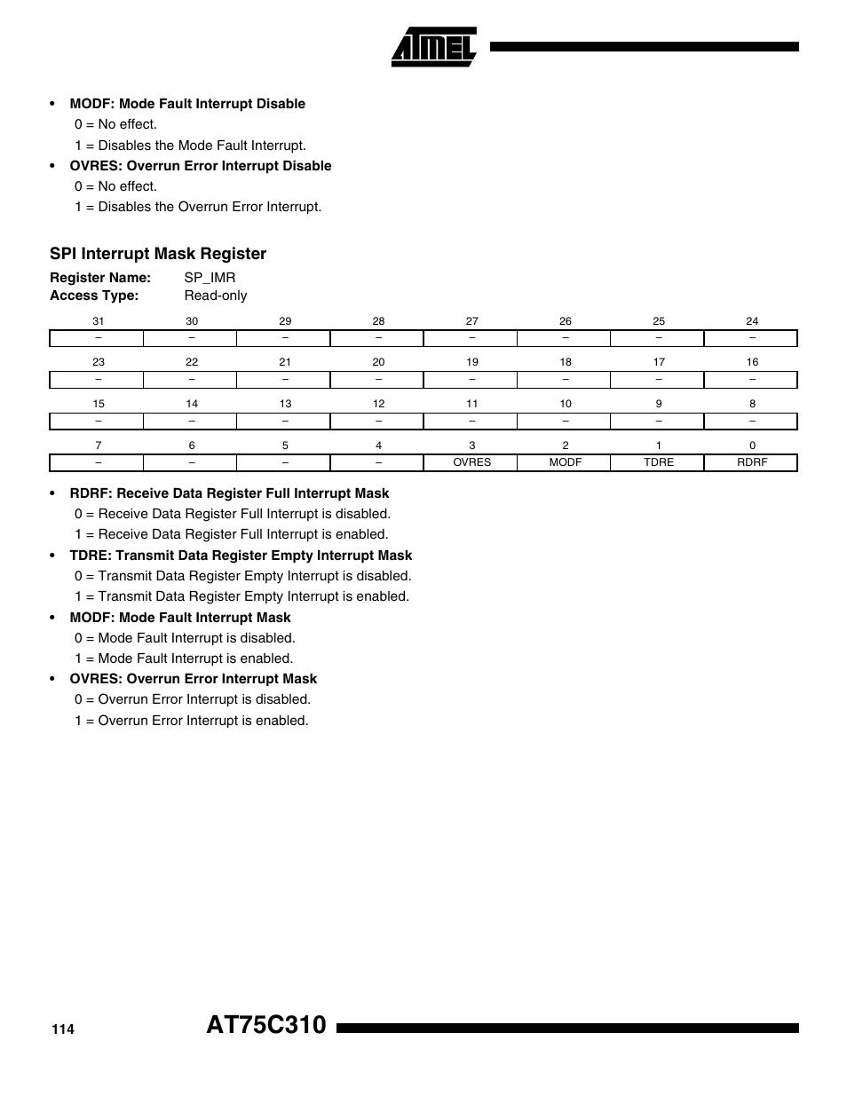 Spi interrupt mask register | Rainbow Electronics AT75C310 User Manual | Page 114 / 132