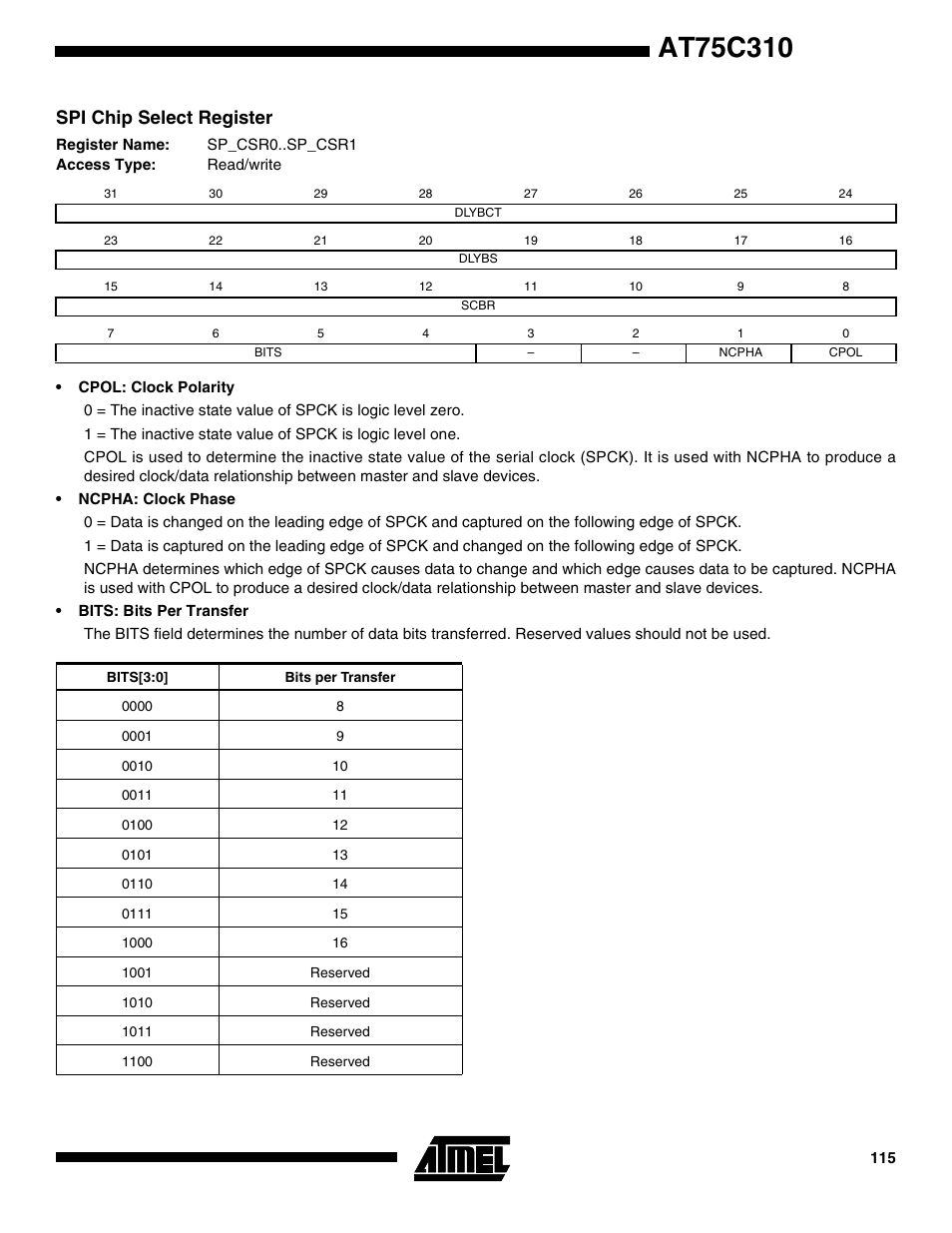 Spi chip select register | Rainbow Electronics AT75C310 User Manual | Page 115 / 132