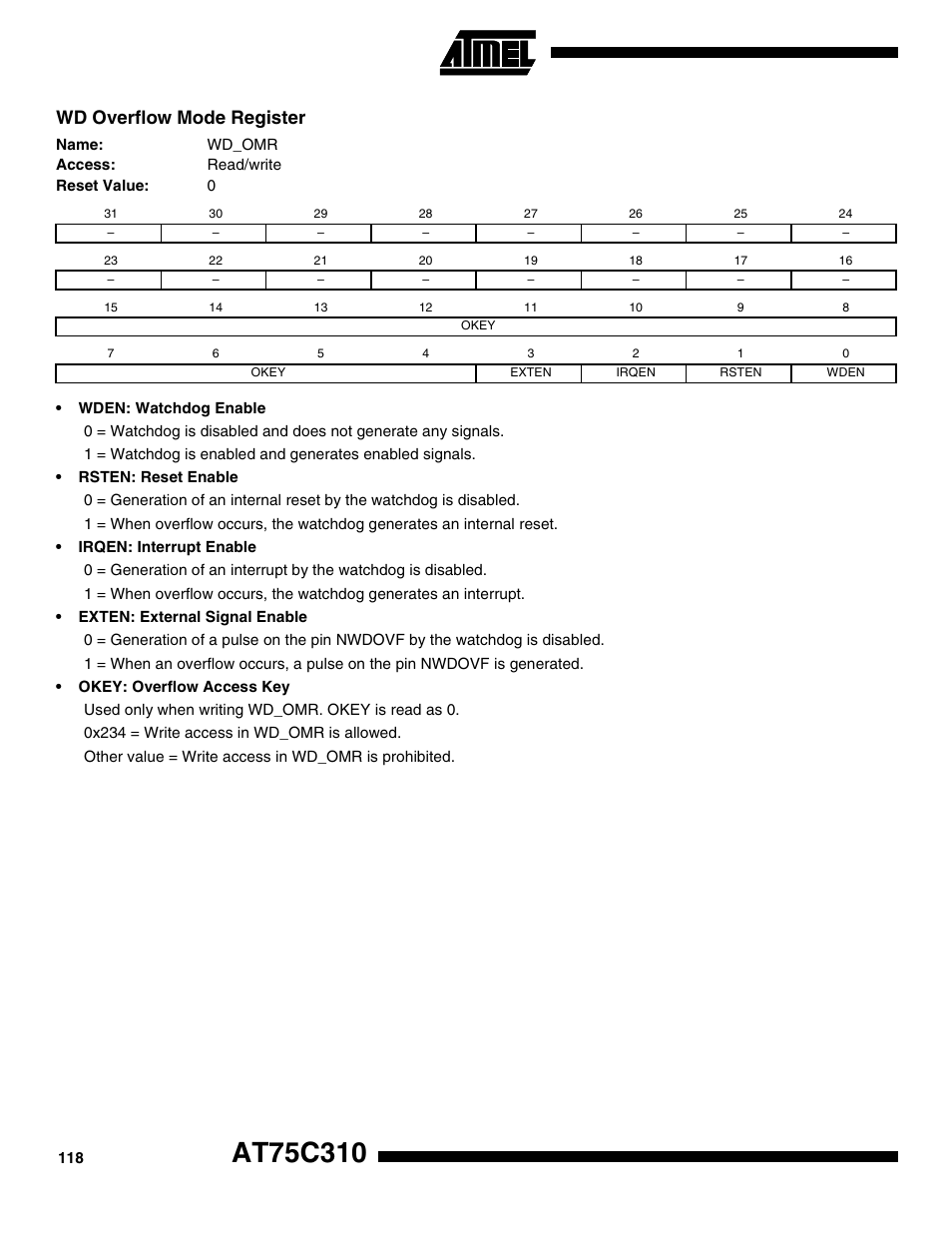 Wd overflow mode register | Rainbow Electronics AT75C310 User Manual | Page 118 / 132