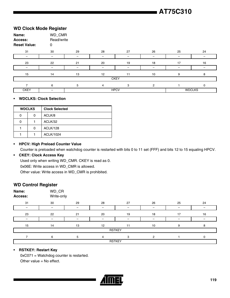Wd clock mode register, Wd control register | Rainbow Electronics AT75C310 User Manual | Page 119 / 132
