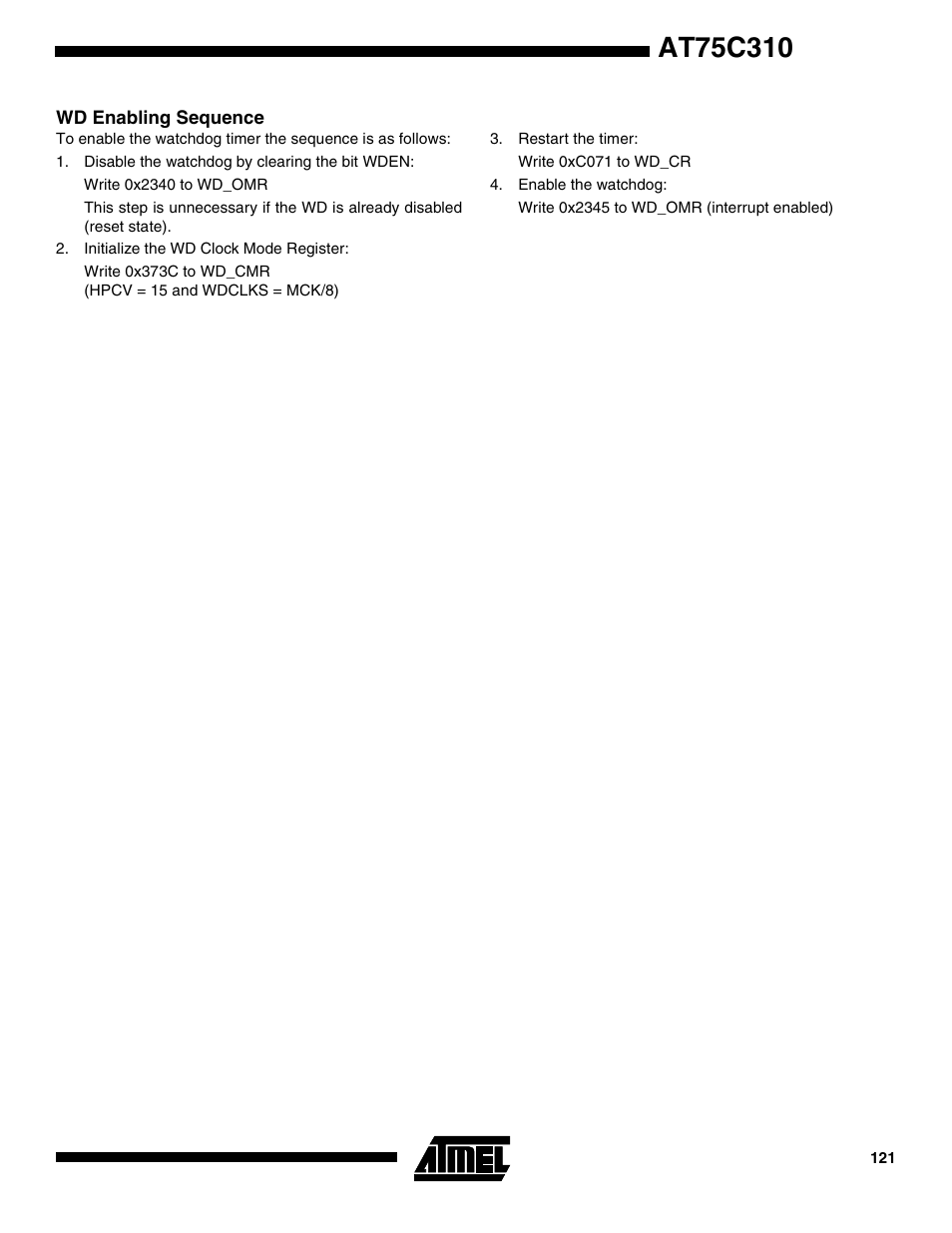 Wd enabling sequence | Rainbow Electronics AT75C310 User Manual | Page 121 / 132