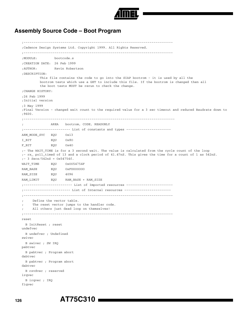 Assembly source code – boot program | Rainbow Electronics AT75C310 User Manual | Page 126 / 132