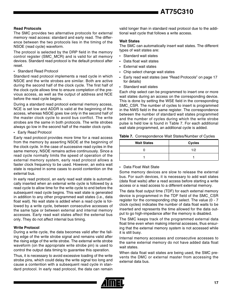 Read protocols, Write protocol, Wait states | Rainbow Electronics AT75C310 User Manual | Page 17 / 132