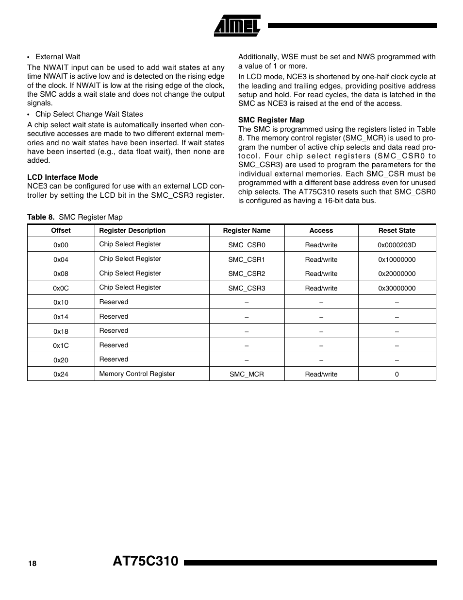 Lcd interface mode, Smc register map | Rainbow Electronics AT75C310 User Manual | Page 18 / 132