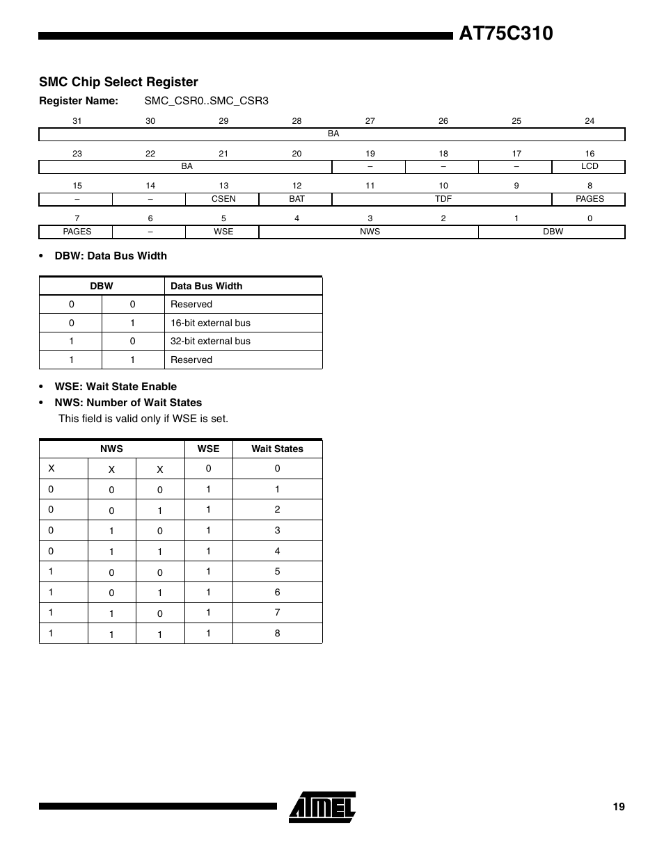 Smc chip select register | Rainbow Electronics AT75C310 User Manual | Page 19 / 132