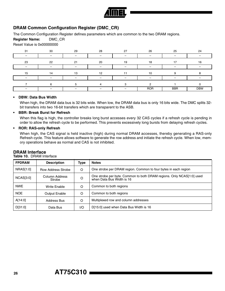 Dram interface, Dram common configuration register (dmc_cr) | Rainbow Electronics AT75C310 User Manual | Page 26 / 132