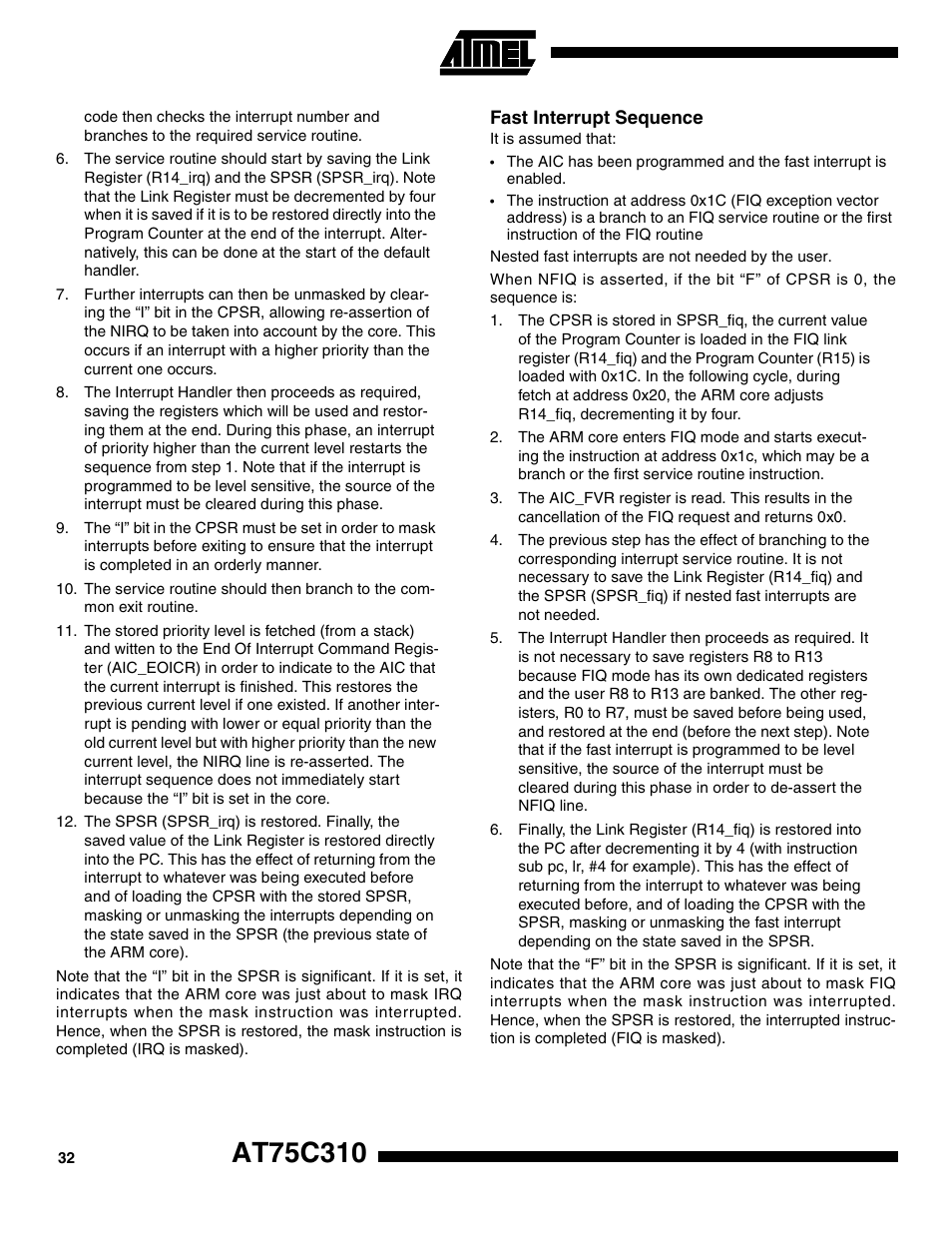 Fast interrupt sequence | Rainbow Electronics AT75C310 User Manual | Page 32 / 132