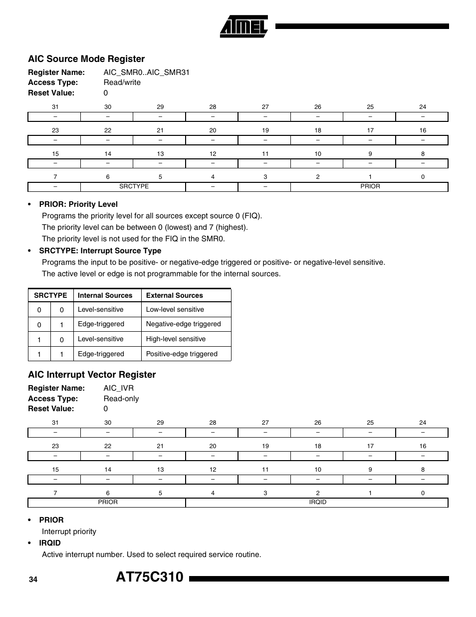 Aic source mode register, Aic interrupt vector register | Rainbow Electronics AT75C310 User Manual | Page 34 / 132