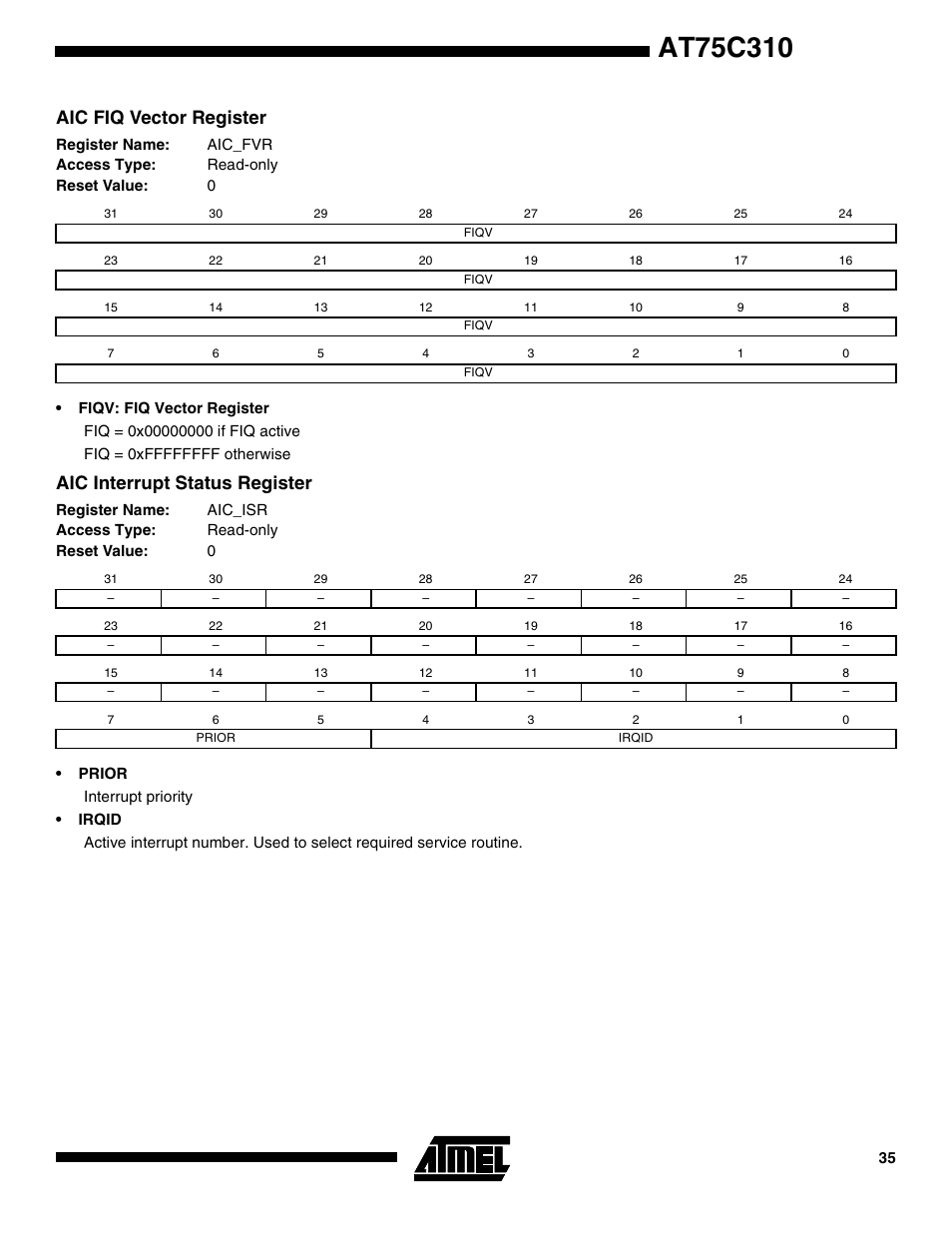 Aic fiq vector register, Aic interrupt status register | Rainbow Electronics AT75C310 User Manual | Page 35 / 132