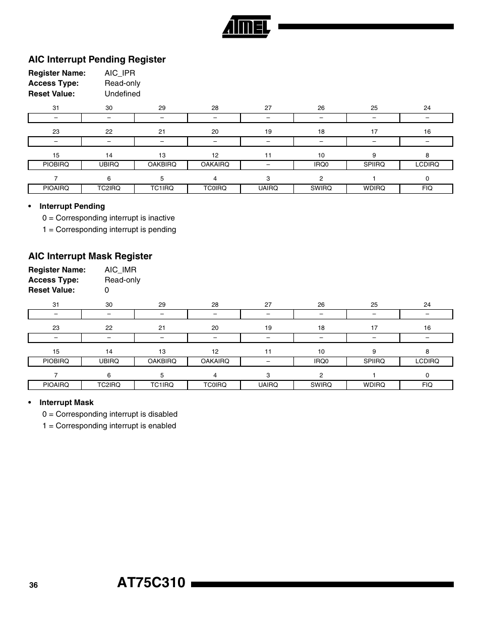 Aic interrupt pending register, Aic interrupt mask register | Rainbow Electronics AT75C310 User Manual | Page 36 / 132