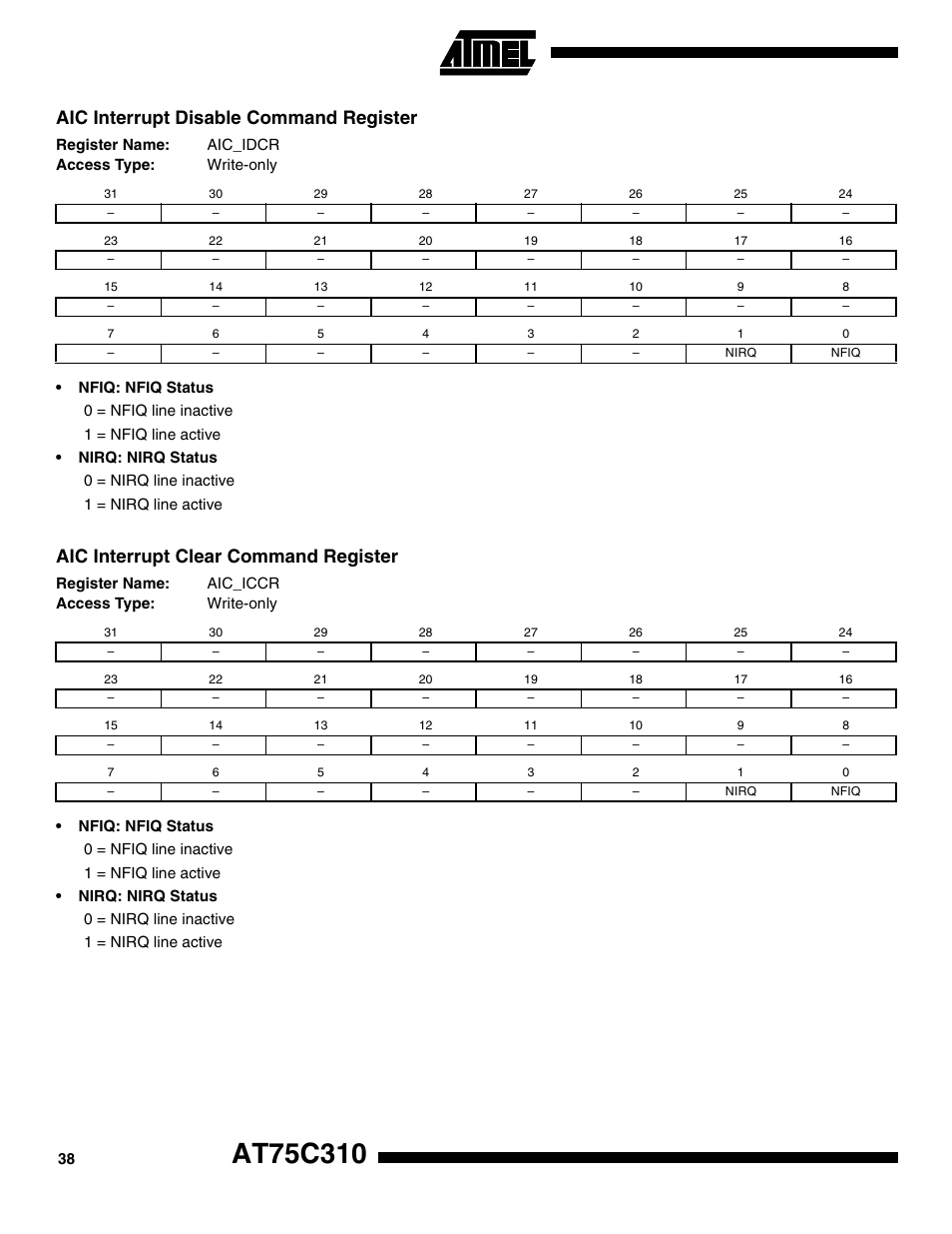 Aic interrupt disable command register, Aic interrupt clear command register | Rainbow Electronics AT75C310 User Manual | Page 38 / 132