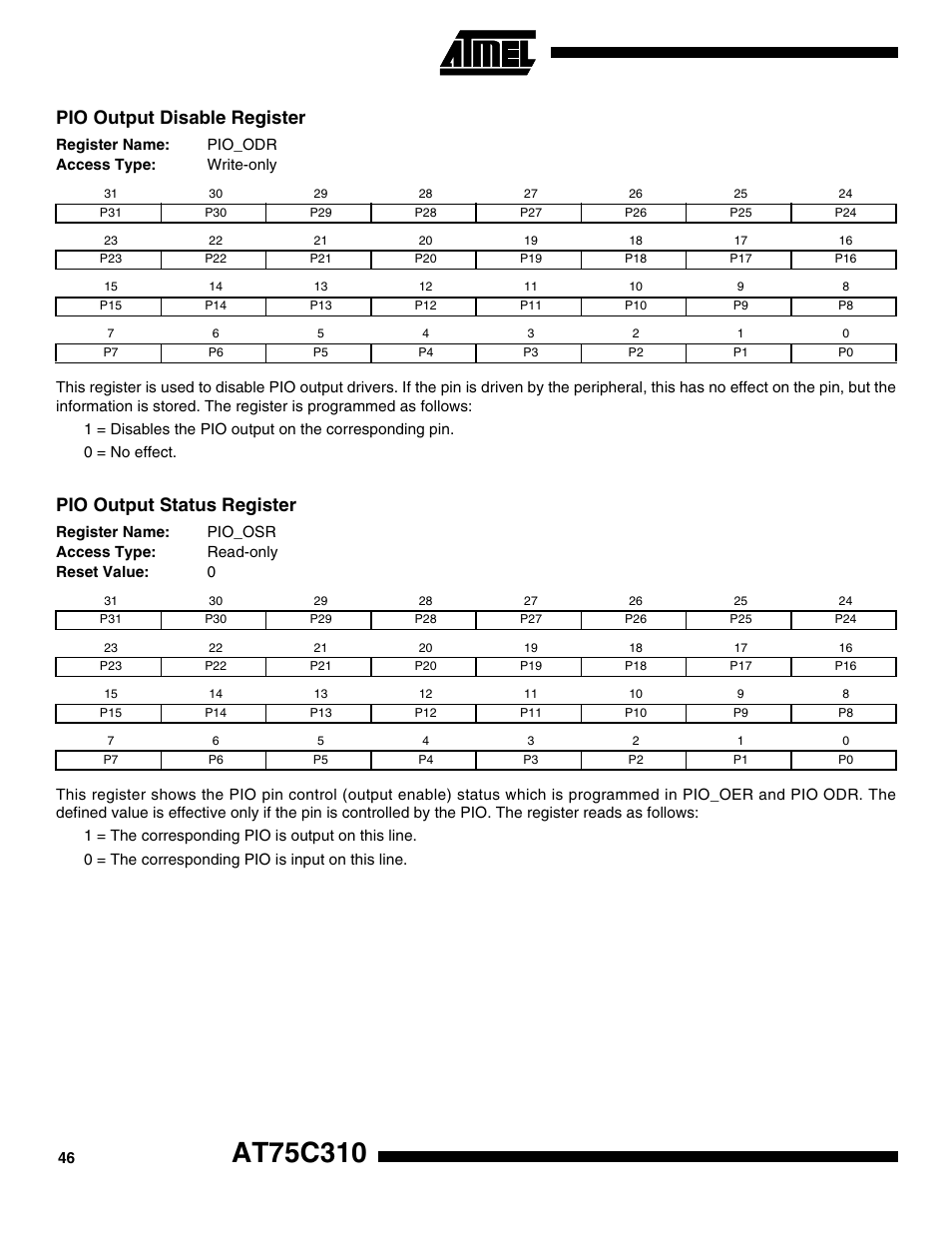 Pio output disable register, Pio output status register | Rainbow Electronics AT75C310 User Manual | Page 46 / 132