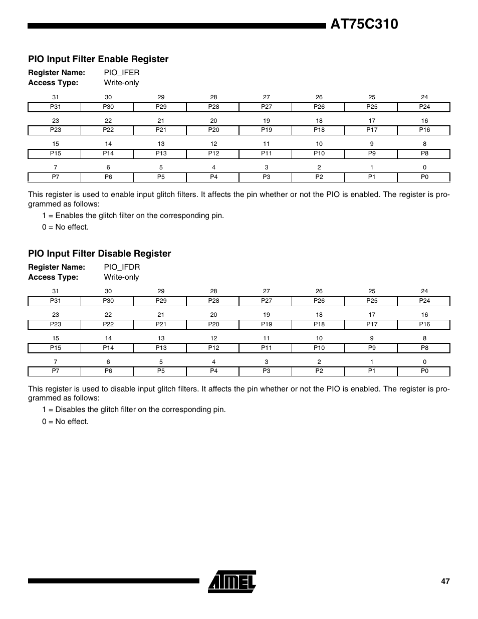 Pio input filter enable register, Pio input filter disable register | Rainbow Electronics AT75C310 User Manual | Page 47 / 132