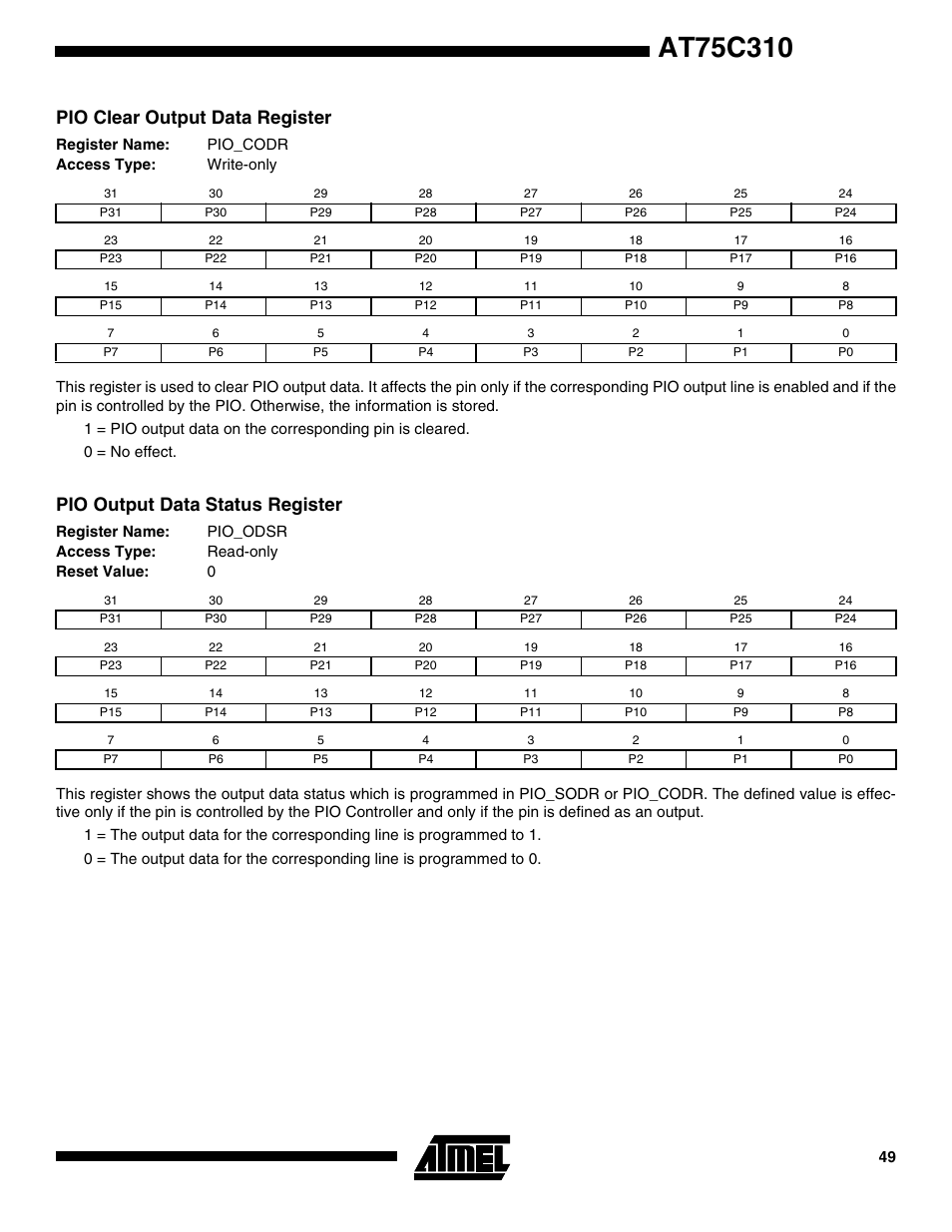 Pio clear output data register, Pio output data status register | Rainbow Electronics AT75C310 User Manual | Page 49 / 132