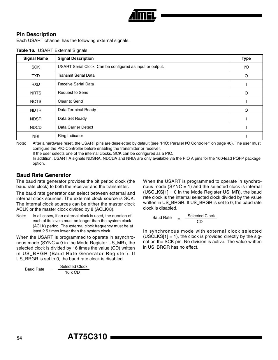 Pin description, Baud rate generator | Rainbow Electronics AT75C310 User Manual | Page 54 / 132