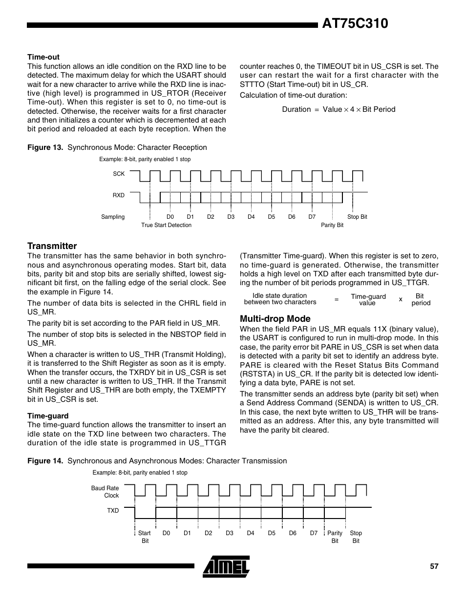 Time-out, Transmitter, Time-guard | Multi-drop mode | Rainbow Electronics AT75C310 User Manual | Page 57 / 132