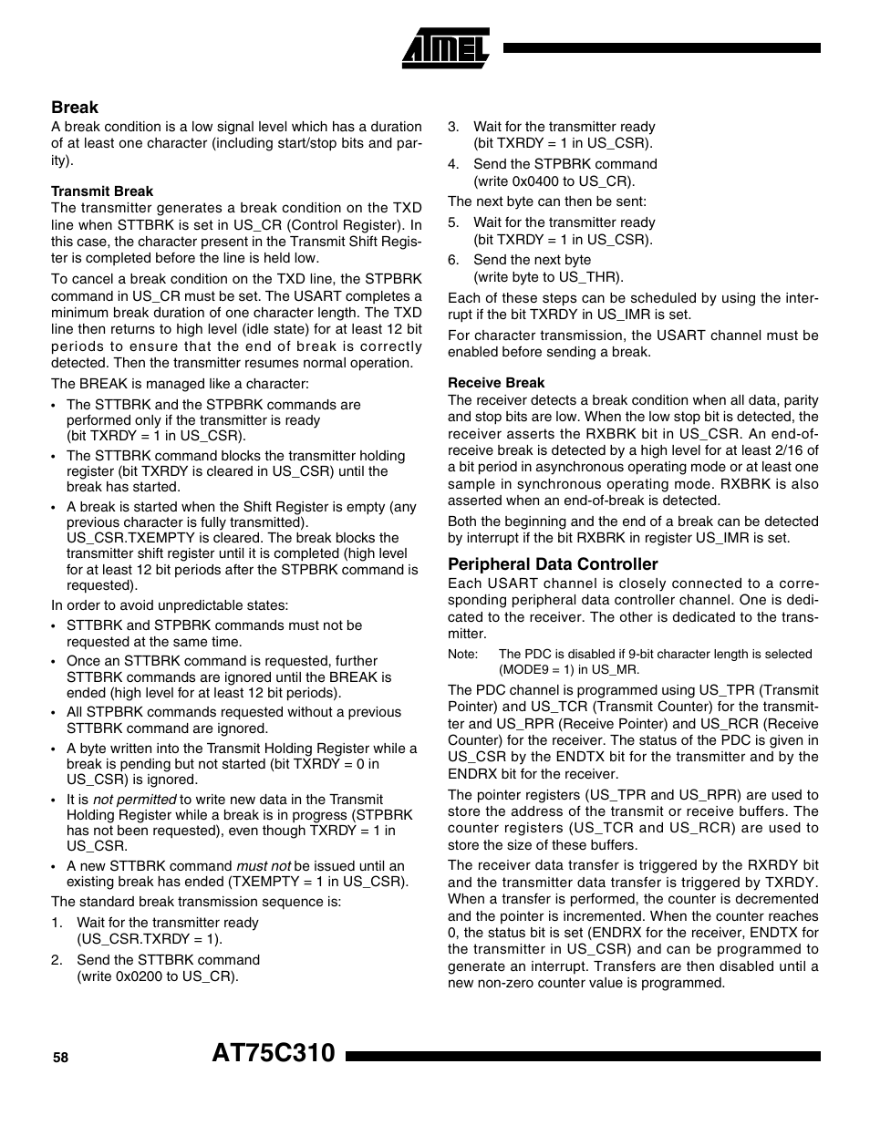 Break, Transmit break, Receive break | Peripheral data controller | Rainbow Electronics AT75C310 User Manual | Page 58 / 132
