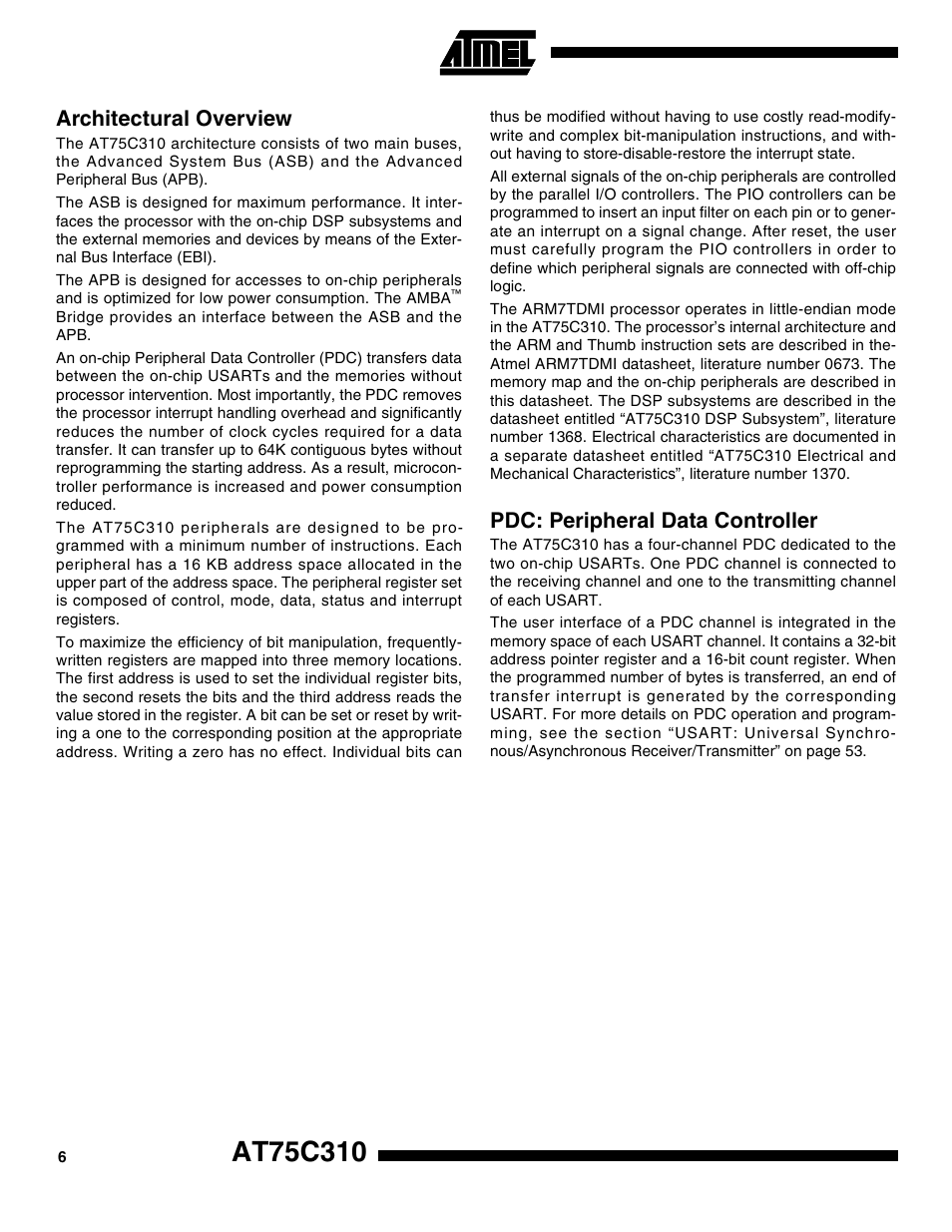 Architectural overview, Pdc: peripheral data controller | Rainbow Electronics AT75C310 User Manual | Page 6 / 132