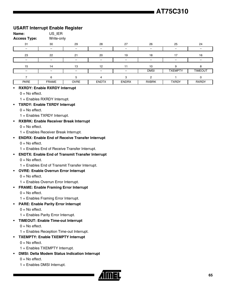 Usart interrupt enable register | Rainbow Electronics AT75C310 User Manual | Page 65 / 132