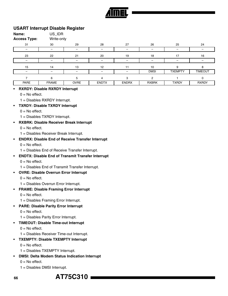 Usart interrupt disable register | Rainbow Electronics AT75C310 User Manual | Page 66 / 132
