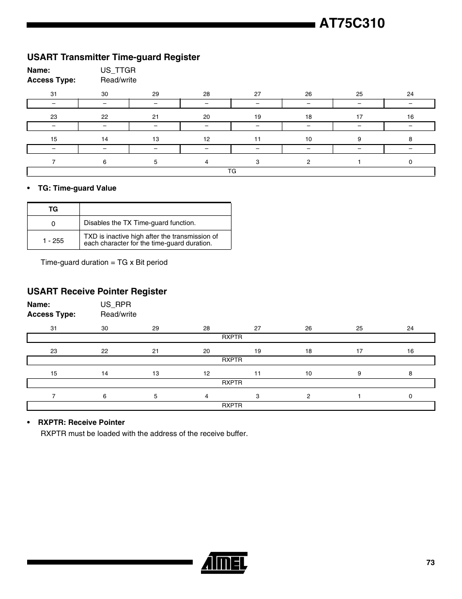 Usart transmitter time-guard register, Usart receive pointer register | Rainbow Electronics AT75C310 User Manual | Page 73 / 132